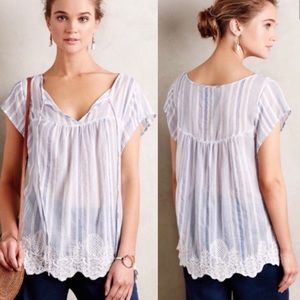 Anthropologie Vanessa Virginia Blue Embroidered Striped Peasant Top - Size M